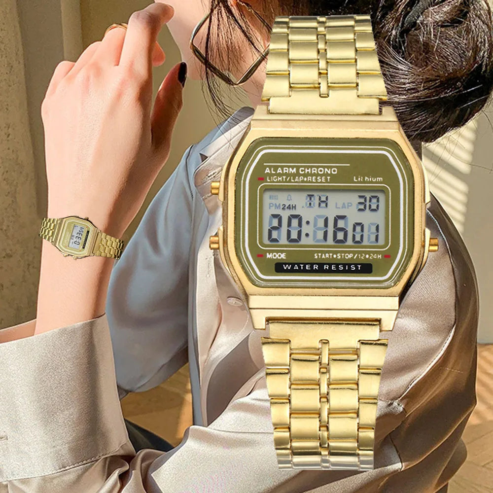 Elegant Digital Watch For Women Gold Silver